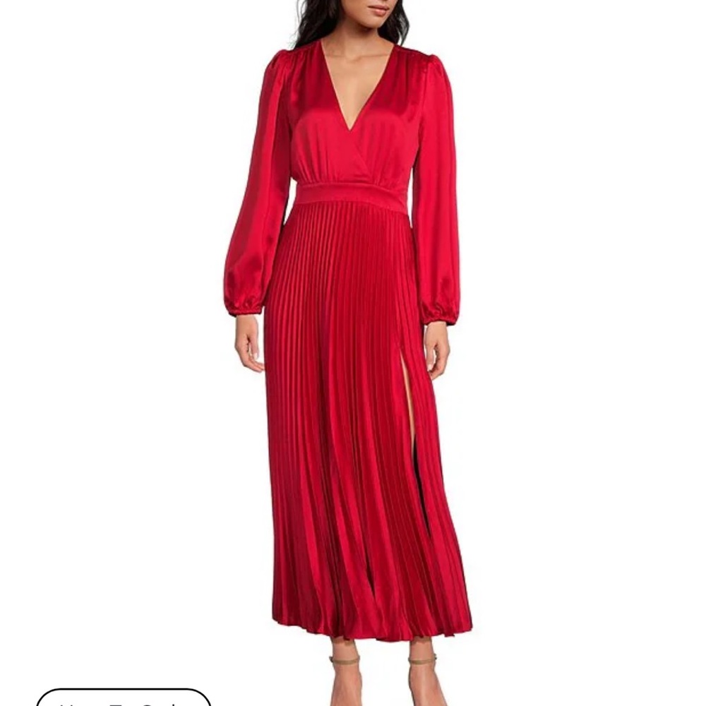 Adelyn Rae Pleated Satin V-Neck Long Sleeve Midi Dress in Navy Size XL